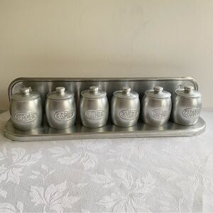 Vintage 1950s Aluminum Spice Rack with Six Spice Jars